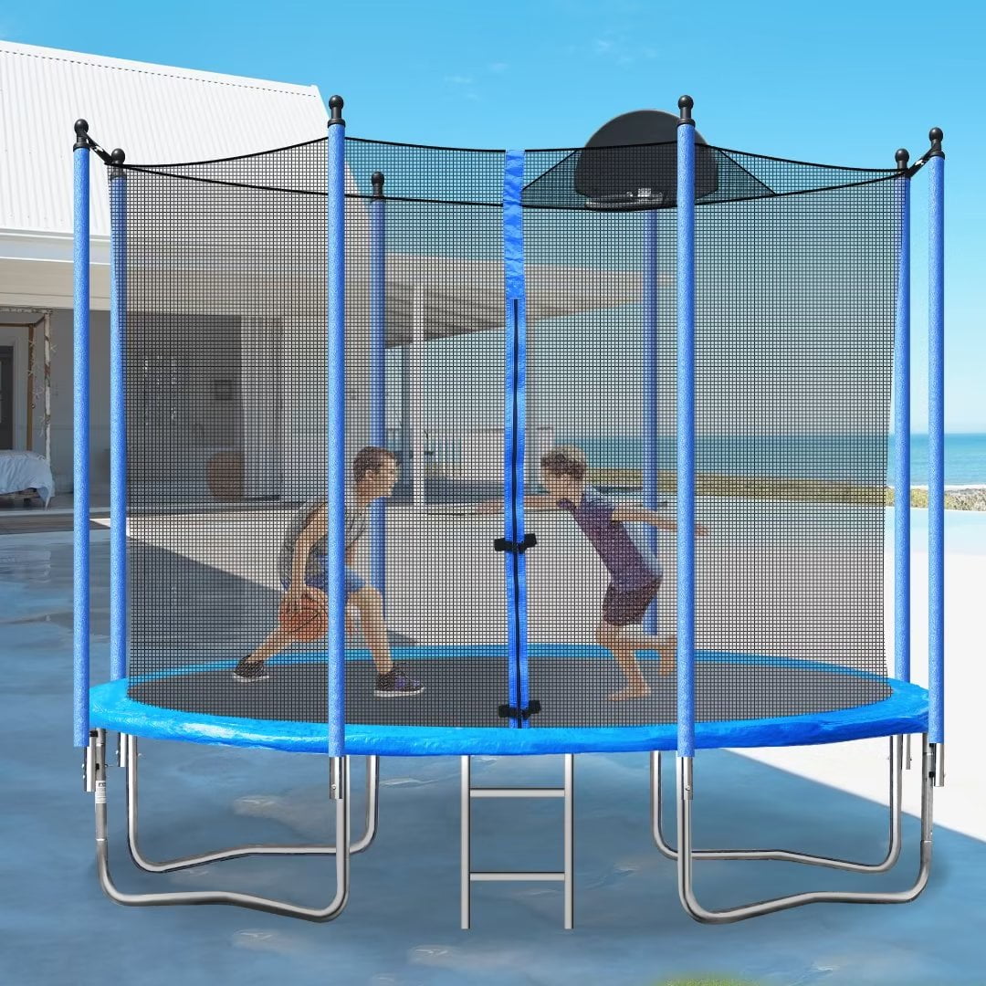 10ft Trampoline with Basketball Hoop and Safety Enclosure Net for Kids Teens Adults, Outdoor Recreational Trampoline with Metal Ladder