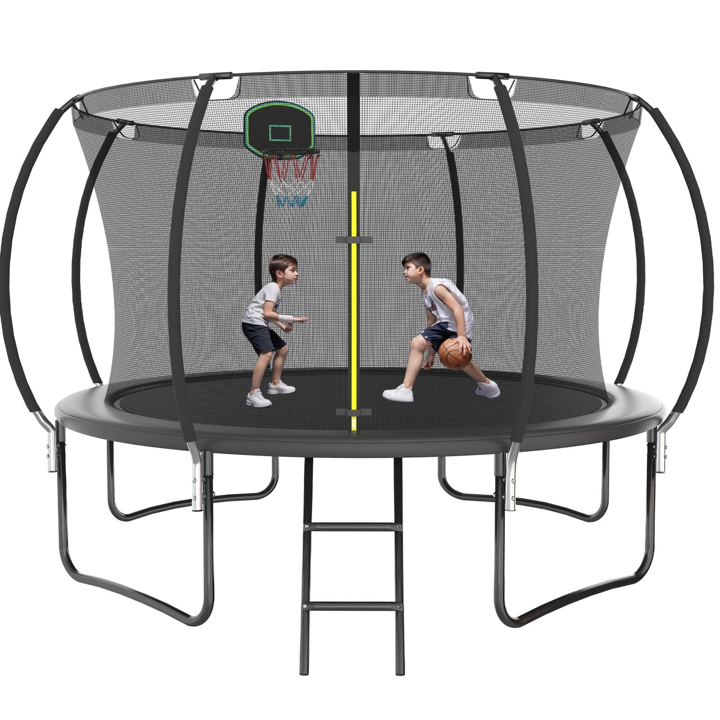12' Outdoor Trampoline with Enclosure Net for Kids and Adults, SEGMART Upgraded Round Recreational Trampoline with Basketball Hoop and Ladder, Heavy Duty Backyard Trampoline for Lawn Garden Yard