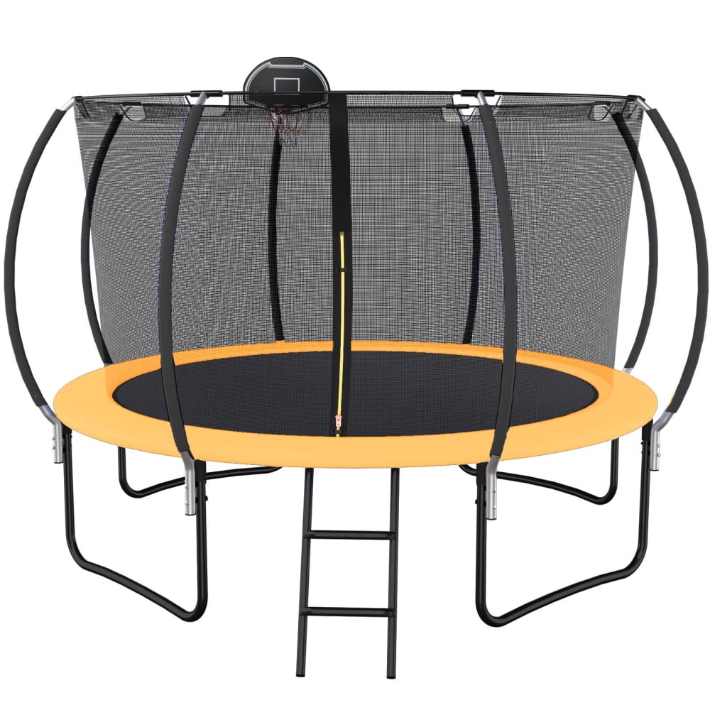 12FT Trampoline with Basketball Hoop, Pumpkin Shape Trampoline with Safety Enclosure Net and Ladder, Outdoor Recreational Trampoline for Kids and Adult, Orange