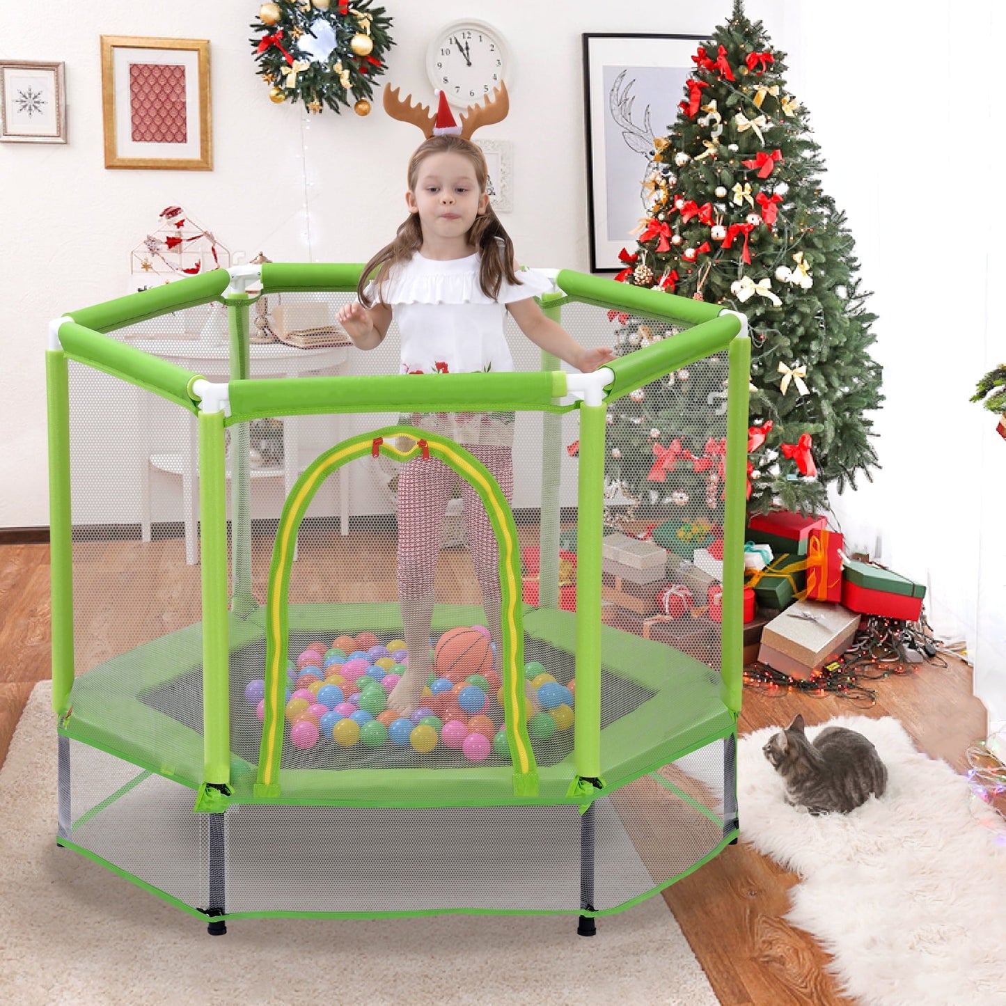 5.5FT Indoor Outdoor Trampoline with Enclosure Net, 55' Mini Baby Toddler Trampoline with Foam Handle, Recreational Trampolines Toy, Fitness Trampoline Birthday Gifts for Boys and Girls, Green