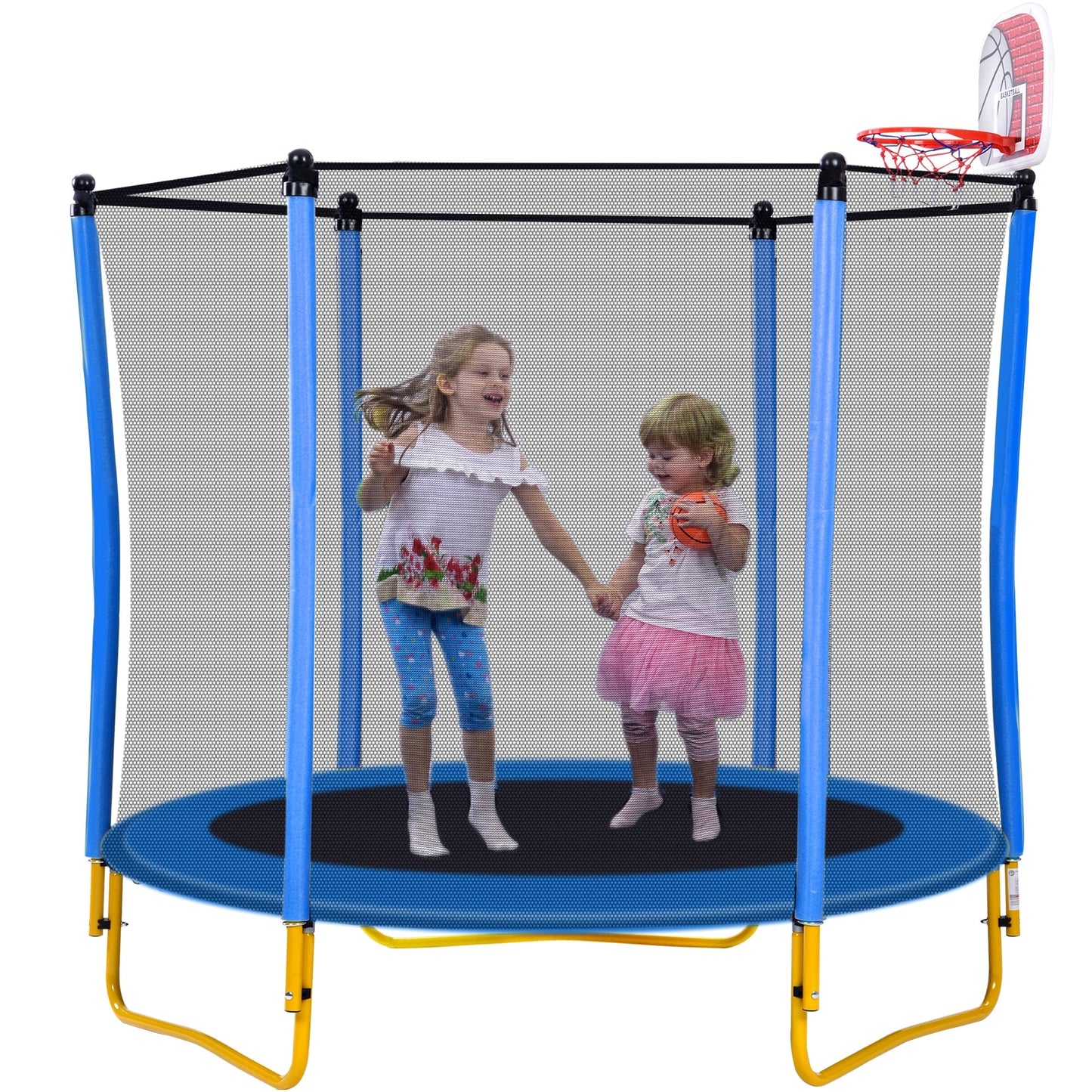 5.5FT Indoor Trampoline for Kids, 65' Heavy Duty Toddler Trampoline with Safe Enclosure, Mini Small Trampoline with Basketball Hoop & Ball, Brincolines para Ni?os Ages 1-8, Blue
