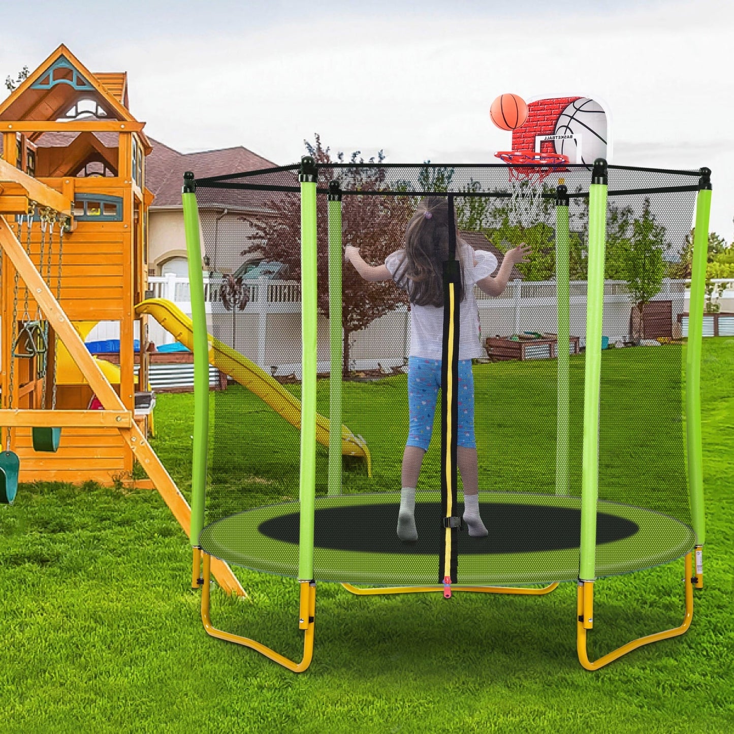 5.5FT Trampoline for Kids,65' Mini Toddler Trampoline with Basketball Hoop, Rubber Ball, and Safety Enclosure Net,Outdoor/Indoor Trampoline for Birthday Gifts for Kids Ages 1-8 (Green)