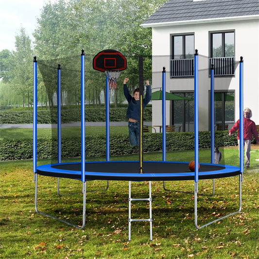 10 FT Trampoline, Outdoor Trampoline with Basketball Hoop, Inner Safety Enclosure Net, Rubber Ball and Ladder, Weight Capacity 264 LBS, for Boys and Girls