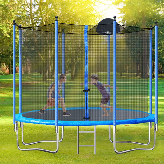 10FT Trampoline with Safety Enclosure Net and Board, Recreational Trampoline with Basketball Hoop and Non-slip Ladder, Combo Bounce Outdoor Trampoline for Kids Adults, Blue