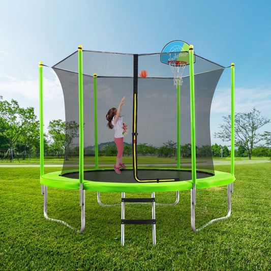 10FT Trampoline for Kids,Trampoline with Safety Enclosure Net, Basketball Hoop and Ladder,Easy Assembly Round Outdoor Recreational Trampoline,Green