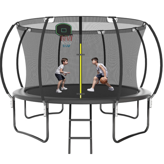12' Outdoor Trampoline with Enclosure Net for Kids and Adults, SEGMART Upgraded Round Recreational Trampoline with Basketball Hoop and Ladder, Heavy Duty Backyard Trampoline for Lawn Garden Yard