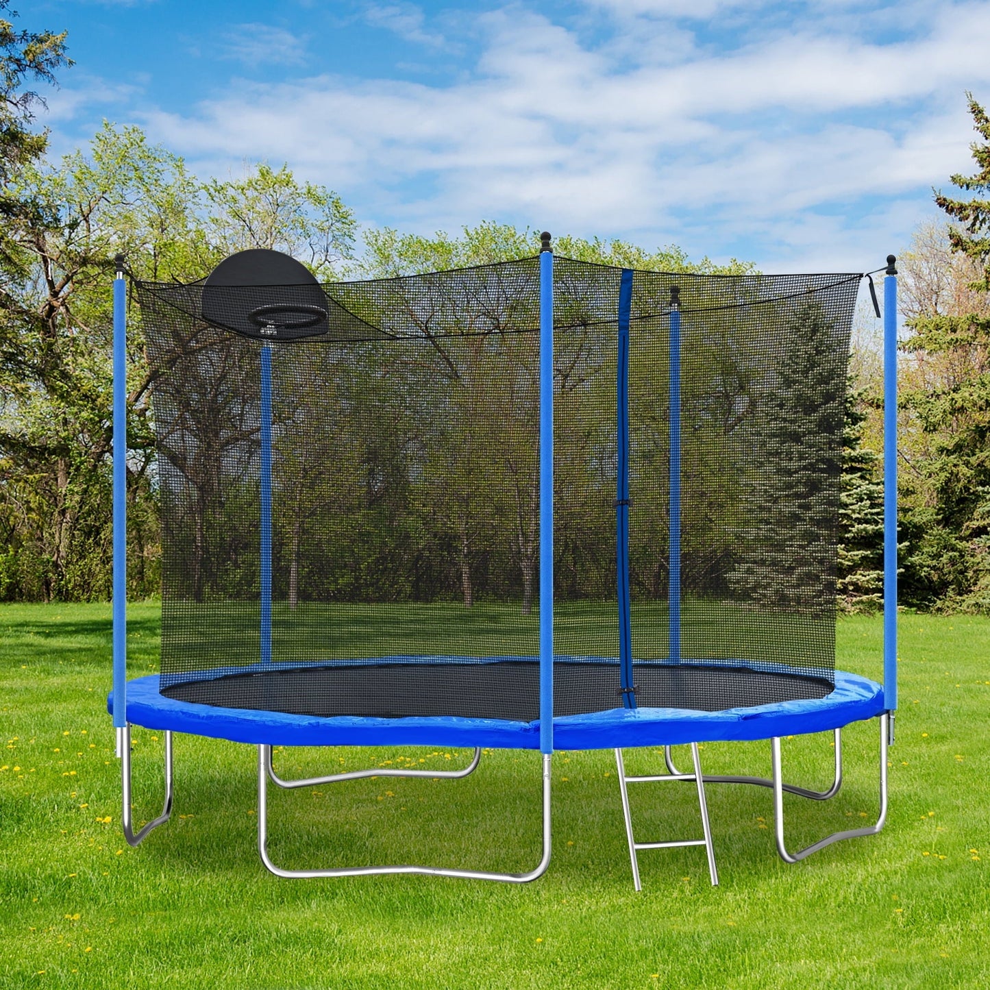 12FT Trampoline with Enclosure, Upgraded Kids Trampoline with Basketball Hoop and Non-slip Ladder, Backyard Patio Family Outdoor Recreational Trampoline, Including All Accessories