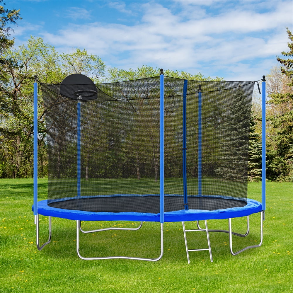 12FT Trampoline with Safety Enclosure Net and Board, Recreational Trampoline with Basketball Hoop and Non-slip Ladder, Combo Bounce Outdoor Trampoline for Kids Adults, Blue