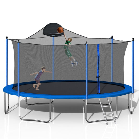 14FT Trampoline with Basketball Hoop,Outdoor Trampolines with Ladder and Safety Enclosure Net,Recreational Trampolines for Kids and Adults,Capacity 240 lbs,Blue
