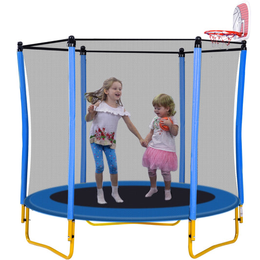 5.5FT Indoor Trampoline for Kids, 65' Heavy Duty Toddler Trampoline with Safe Enclosure, Mini Small Trampoline with Basketball Hoop & Ball, Brincolines para Ni?os Ages 1-8, Blue