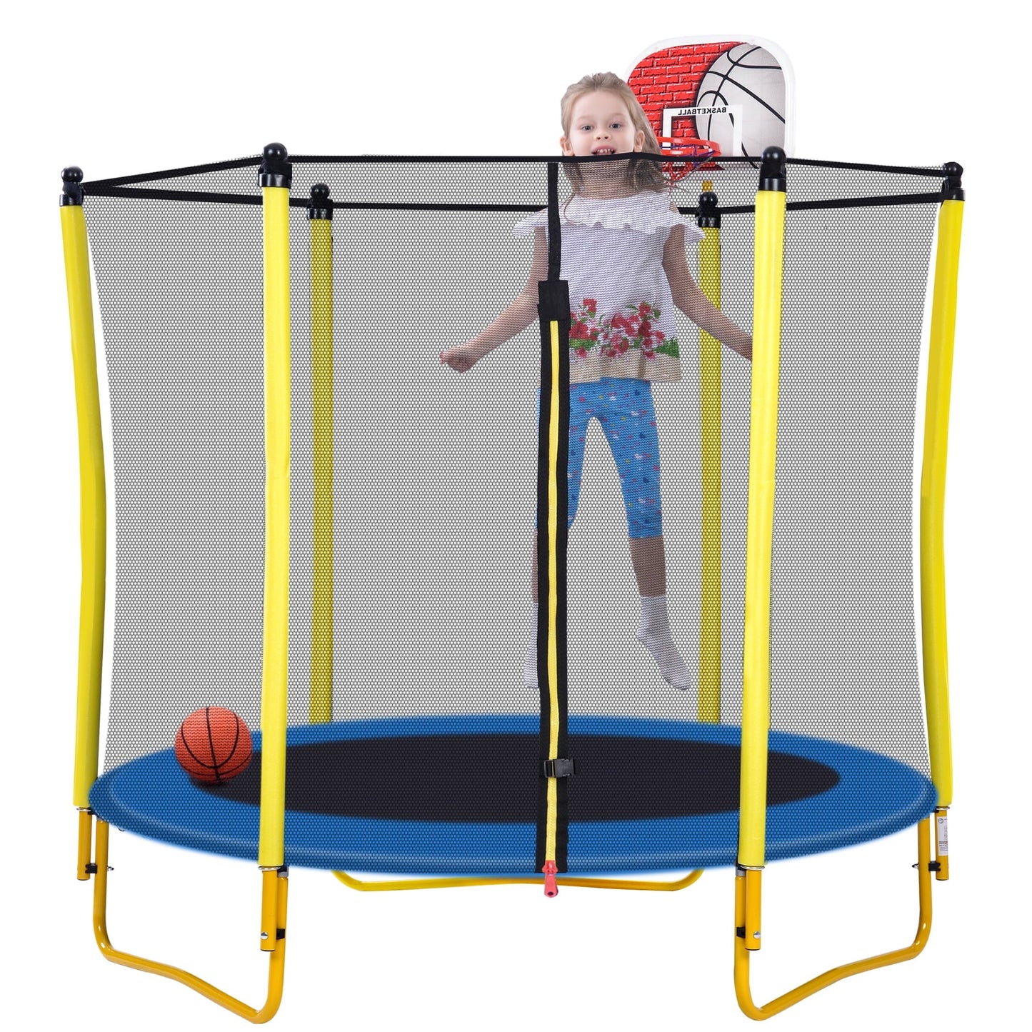 5.5FT Indoor Trampoline for Kids, 65' Heavy Duty Toddler Trampoline with Safe Enclosure, Mini Small Trampoline with Basketball Hoop & Ball, Brincolines para Ni?os Ages 1-8, Yellow