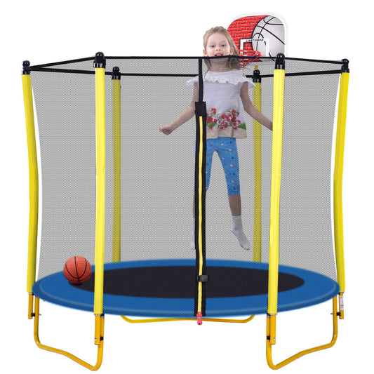 5.5FT Indoor Trampoline for Kids, 65' Heavy Duty Toddler Trampoline with Safe Enclosure, Mini Small Trampoline with Basketball Hoop & Ball, Brincolines para Ni?os Ages 1-8, Yellow