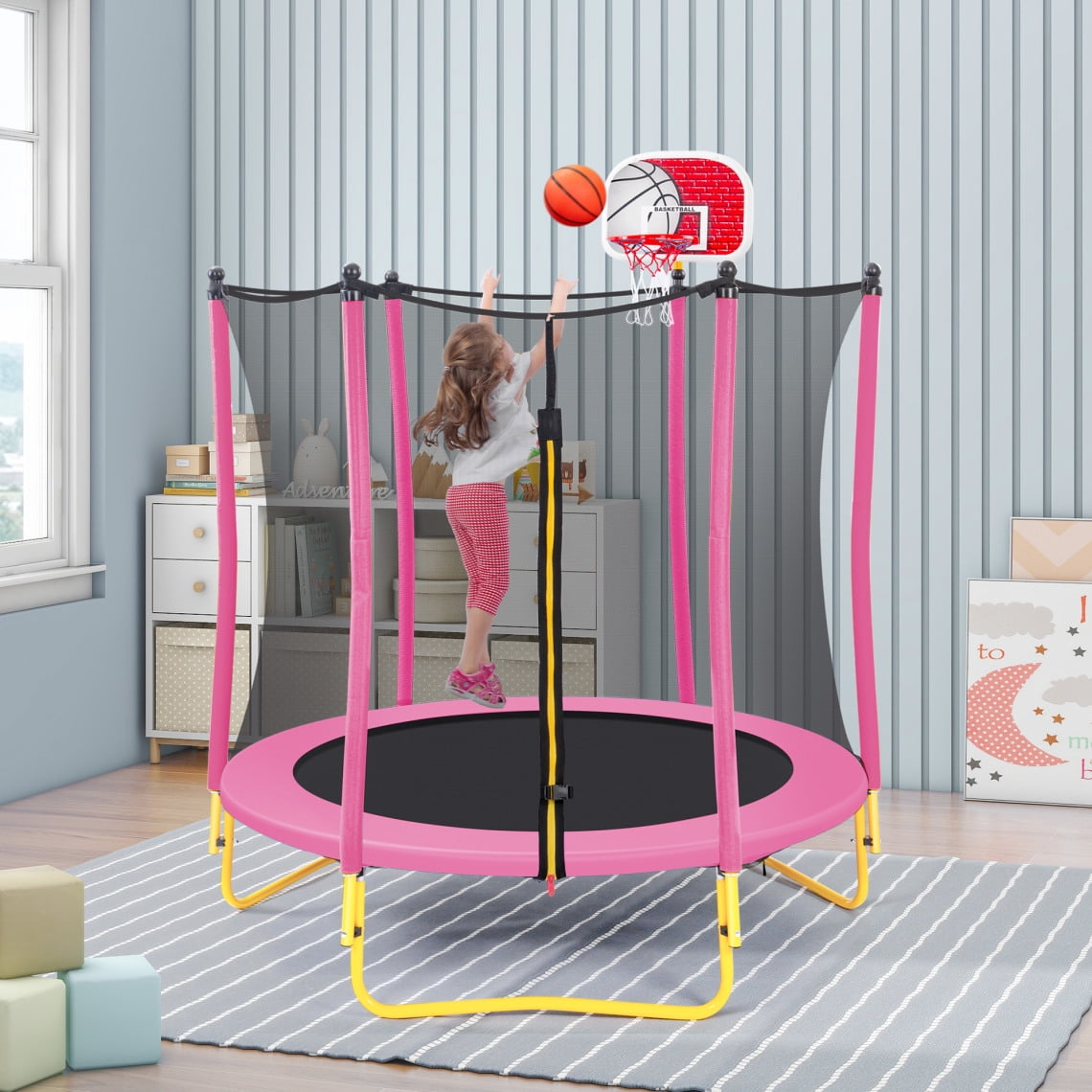 5.5FT Jump Recreational Trampolines for Kids,65' Mini Toddler Trampoline Weight Capacity 220 lbs with Safe Enclosure Net, Basketball Hoop and Ball for Indoor & Outdoor (Pink)