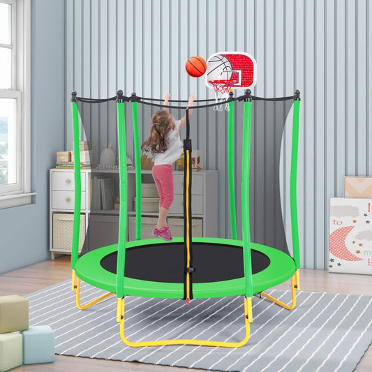 5.5FT Trampoline for Kids,65' Mini Toddler Trampoline with Basketball Hoop, Rubber Ball, and Safety Enclosure Net,Outdoor/Indoor Trampoline for Birthday Gifts for Kids Ages 1-8 (Grass Green)