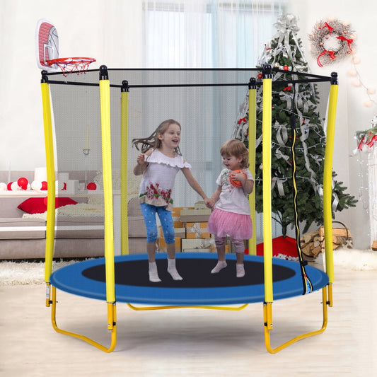 5.5FT Trampoline for Kids,65' Outdoor & Indoor Mini Toddler Trampoline with Enclosure, Basketball Hoop and Ball Included,Recreational Trampoline for Toddler Age 1-6