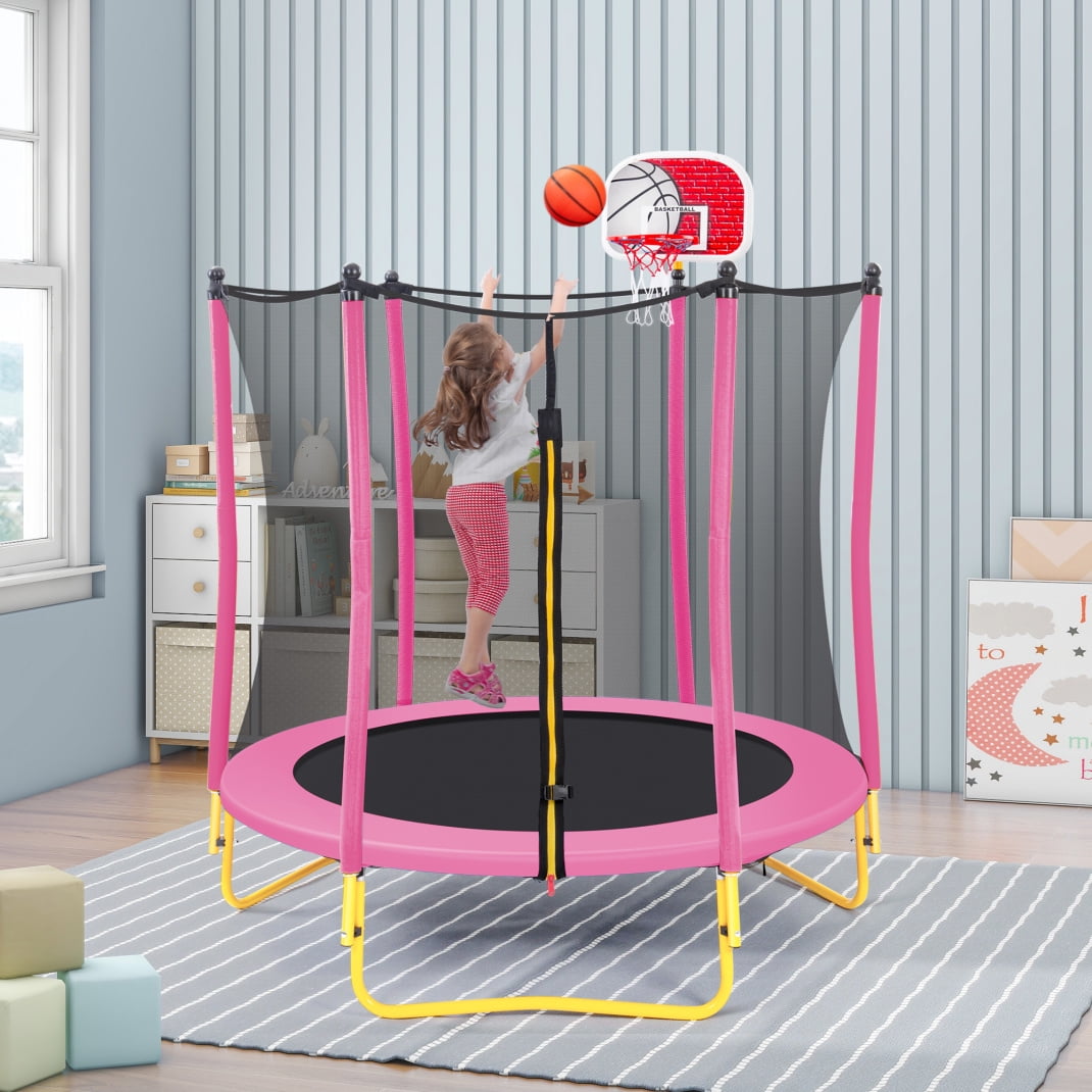 5.5FT Trampoline for Kids, 65' Outdoor & Indoor Mini Toddler Trampoline with Safety Enclosure, Strong Elastic Trampoline with Basketball Hoop and Ball,220Ibs Capacity