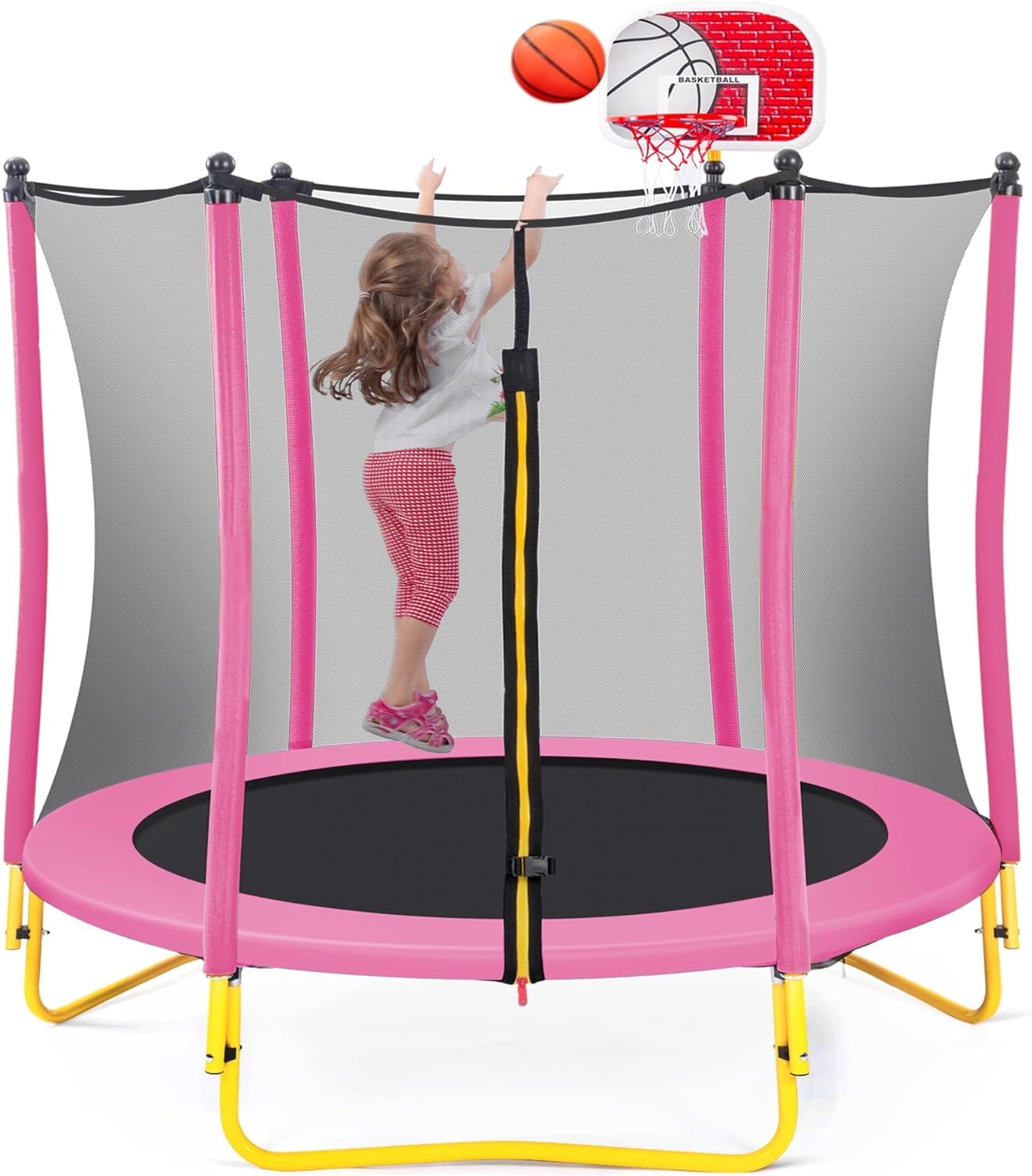 5.5FT Trampoline for Kids, 66'' Trampoline with Basketball Hoop, Rubber Ball and Safety Enclosure Net, Mini Toddler Trampoline for Indoor Outdoor Birthday Gifts for Kids Age 1-8, Pink