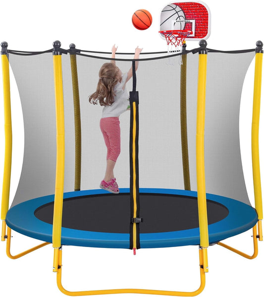 5.5FT Trampoline for Kids, 66'' Trampoline with Basketball Hoop, Rubber Ball and Safety Enclosure Net, Mini Toddler Trampoline for Indoor Outdoor Birthday Gifts for Kids Age 1-8, Yellow