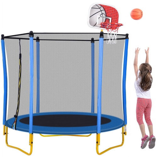 5.5FT Trampoline for Kids - 65' Outdoor & Indoor Mini Toddler Trampoline with Enclosure, Basketball Hoop and Ball Included, Blue