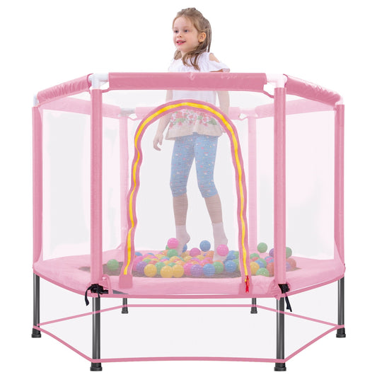 55' Mini Trampoline for Ages 1 to 5 Kid, 5FT Toddler Trampoline - Indoor/Outdoor Use with Enclosure Net, Foam Handle, Adjustable Gymnastics Bars, Basketball Hoop, Gifts for Boys & Girls