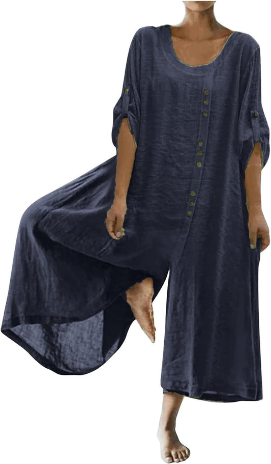 Women's Casual Loose Jumpsuits Cotton Linen Roll-Up Half Sleeve Zipper Back Baggy Wide Leg Long Rompers Button Detail