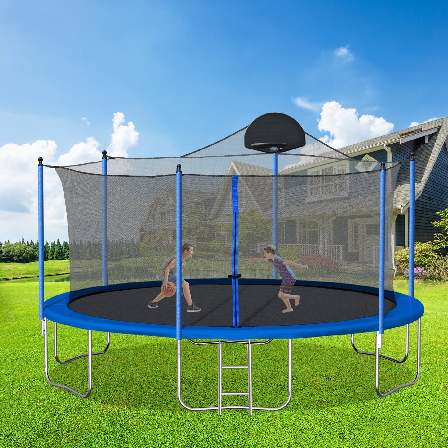 14FT Trampoline with Basketball Hoop, Trampoline with Round Frame, Leisure Trampoline with Metal Poles for Garden, Patio and Wide Indoor, Load Capacity: 240 Lbs