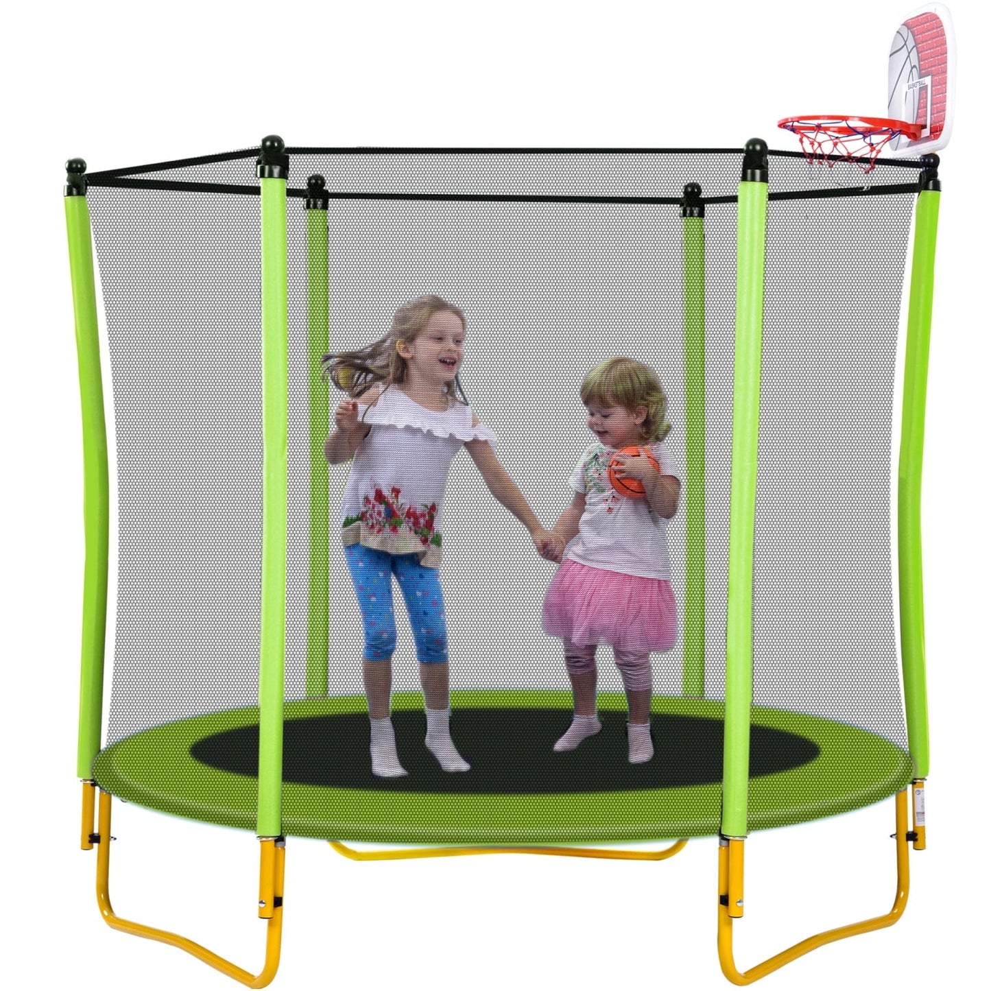 5.5FT Jump Recreational Trampolines for Kids,65' Mini Toddler Trampoline Weight Capacity 220 lbs with Safe Enclosure Net, Basketball Hoop and Ball for Indoor & Outdoor (Green)